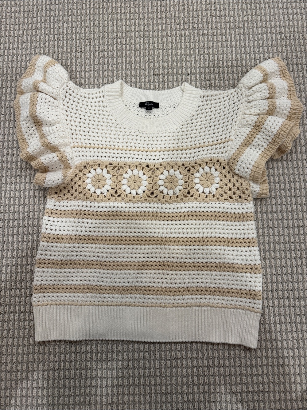 Rails Cream and Tan Crochet Puff Sleeve Top